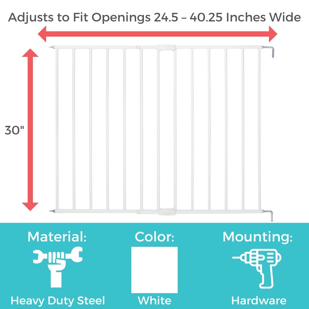 Toddleroo by North States Essential Stairway & Walkway Gate, White Metal, Hardware Mounted Baby Gate for Stairs, 30" Tall, Adjustable 24.5-40.25", Removable Baby Gates for Stairs, Stair Gate