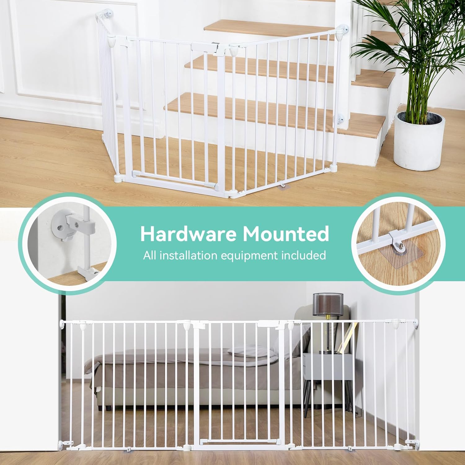 Alternative view of COMOMY 80" Extra Wide Baby Gate, Dog Gate for House Stairs Doorways Fireplace, Auto Close Pet Gate with Door Walk Through, 3 Metal Panels, Hardware Mounted Baby Fence Indoor Outdoor(30" Tall, White)