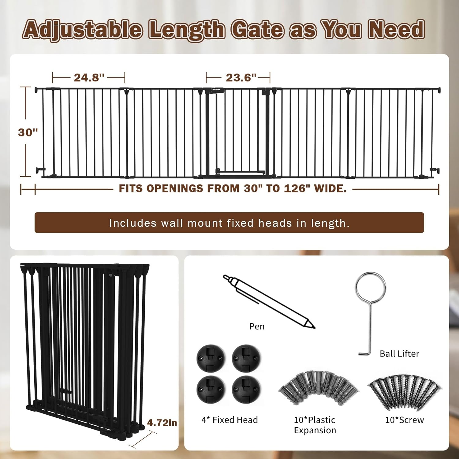 Mumeasy 126" Extra Wide Baby Gate for Doorways, Stairs & Fireplace, Auto Close Safety Dog & Pet Gate with Walk Thru Door, Childproof Fence for Hallway Kitchen House Indoor Outdoor,5 Metal Panels,Black