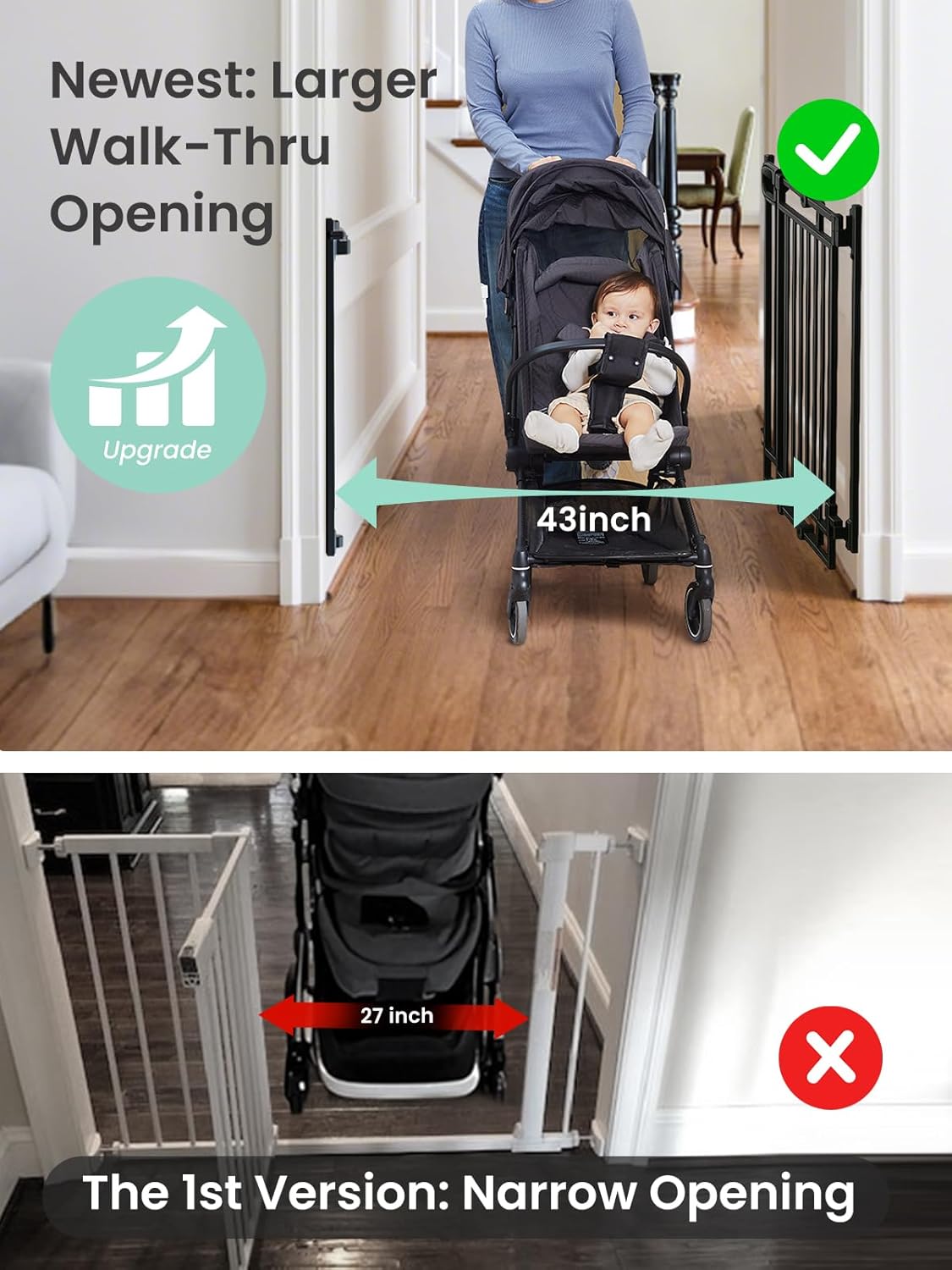 Alternative view of Grownsy No Bottom Bar Baby Gate for Stairs, Adjustable Width 29.8u201D to 43.5u201D for Child and Pet, Dog Gate with Auto-Close & Walk Through, Hardware-Mounted Install for Doorways and Indoor Use,Black