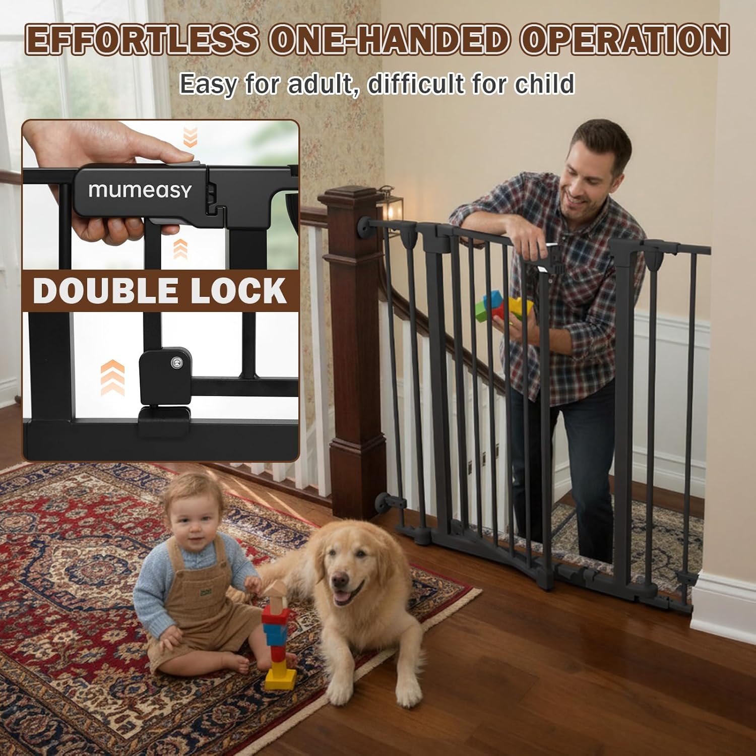 Alternative view of Mumeasy 126" Extra Wide Baby Gate for Doorways, Stairs & Fireplace, Auto Close Safety Dog & Pet Gate with Walk Thru Door, Childproof Fence for Hallway Kitchen House Indoor Outdoor,5 Metal Panels,Black