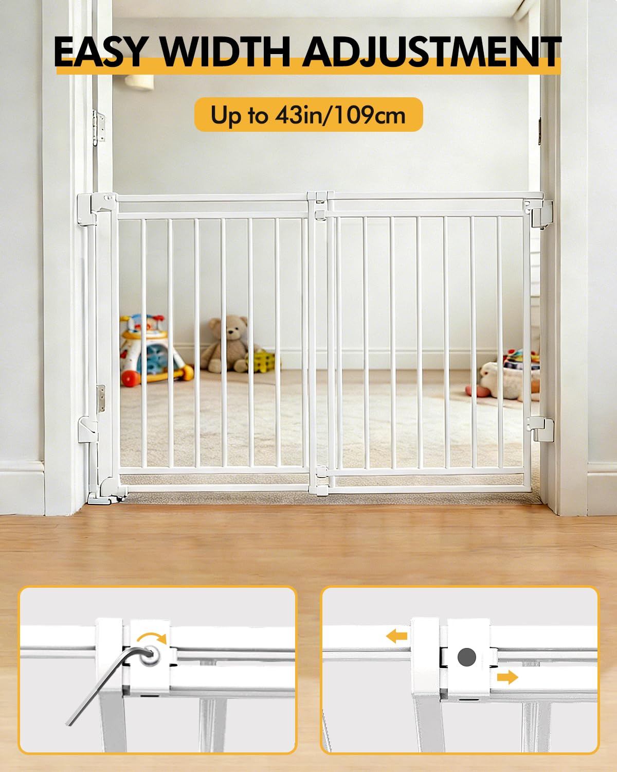 Alternative view of Baby Gate for Stairs, Doorways & Kitchen, 26.4"-43" W x 29" H, Hardware-Mounted (Drill Required) Safety Gate, No Bottom Bar, One-Handed Auto-Close, for Dogs & Toddlers, White