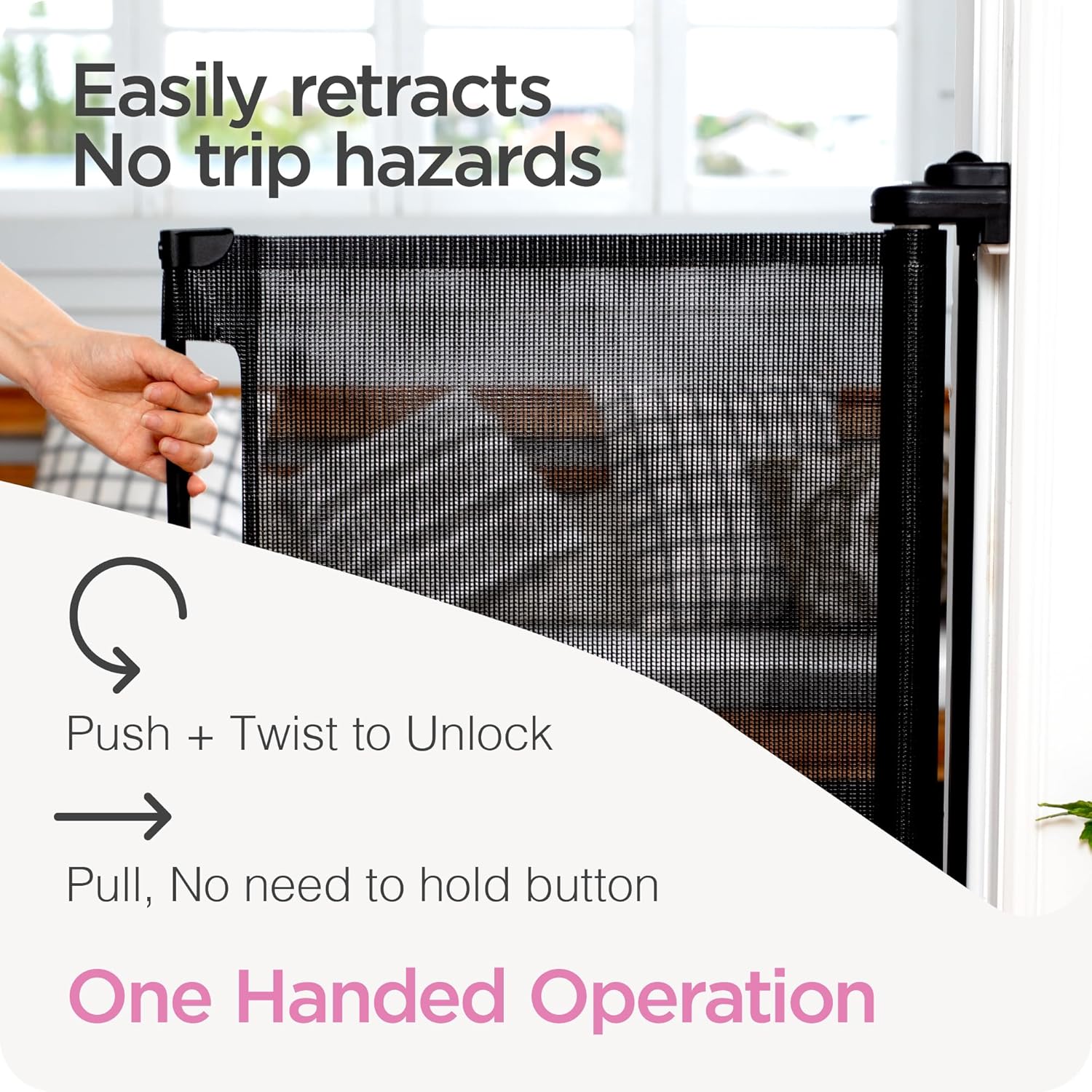 Retractable Baby Gate Perma Child Safety 33" Tall x 71u201D Wide, Mesh, for Stairs, Doorways, Dogs, Pets, Indoor, Outdoor, One-Handed Operation, Locking, Easy Install, Hardware Mount, Black