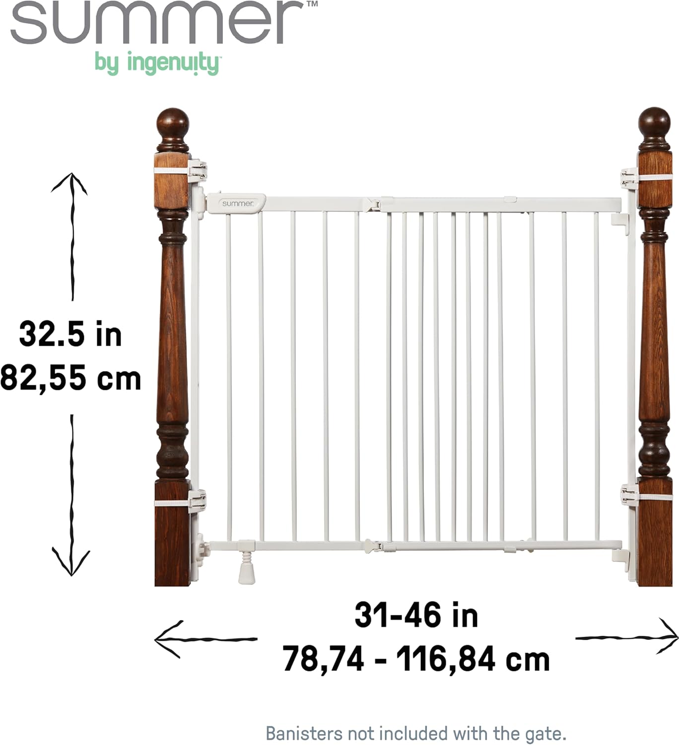 Summer Infant Metal Banister & Stair Safety Pet and Baby Gate,31'-46' Wide, 32.5' Tall, Install Banister to Banister or Wall or Wall to Wall in Doorway or Stairway, Banister and Hardware Mounts -White