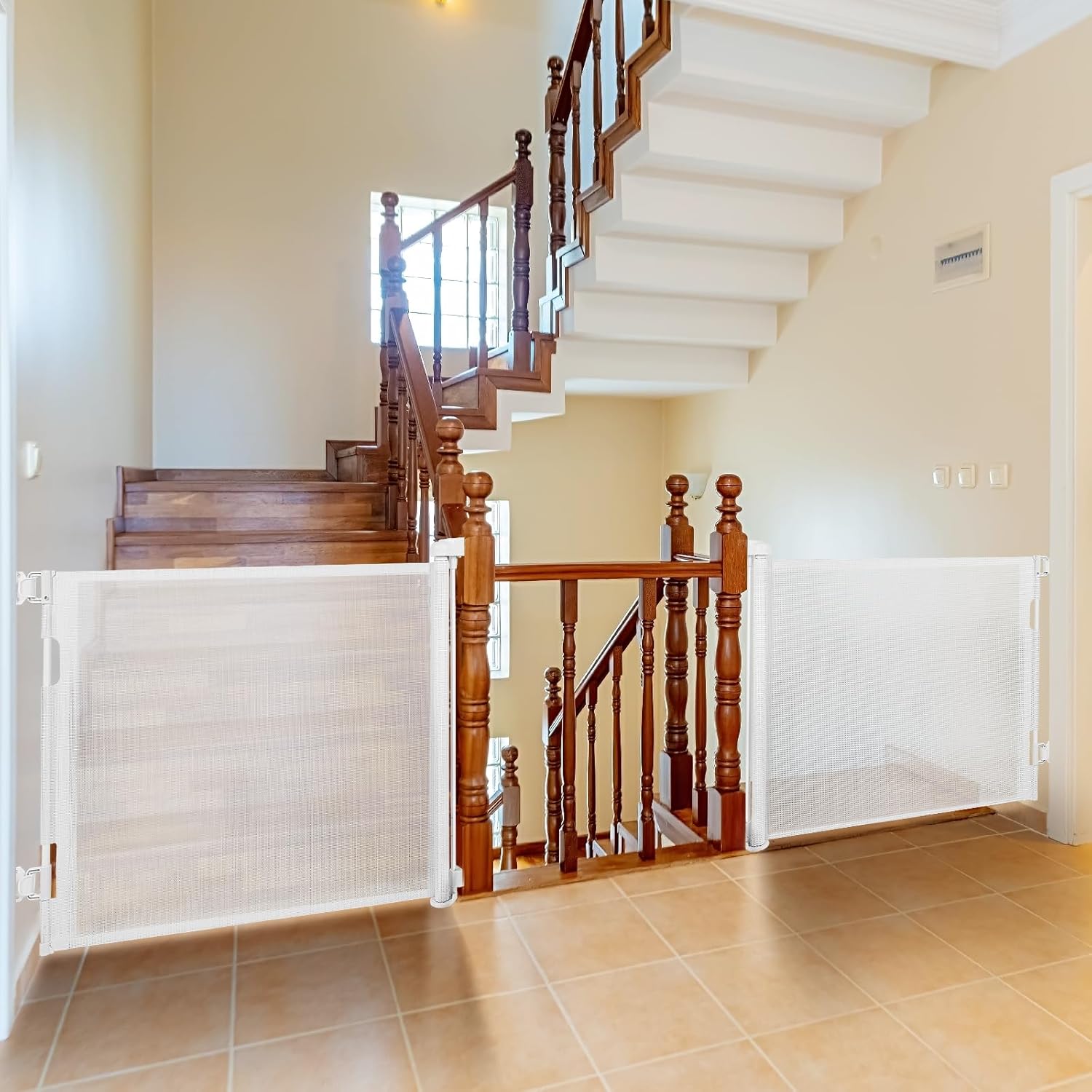 2-Pack Retractable Baby Gate for Stairs-33u201DHeight, Expands up to 55u201DWidth-Safety Gate for Infants, Toddlers, Dogs & Pets-Easy Install, Secure Closure, White Mesh Design for Indoor & Outdoor Use