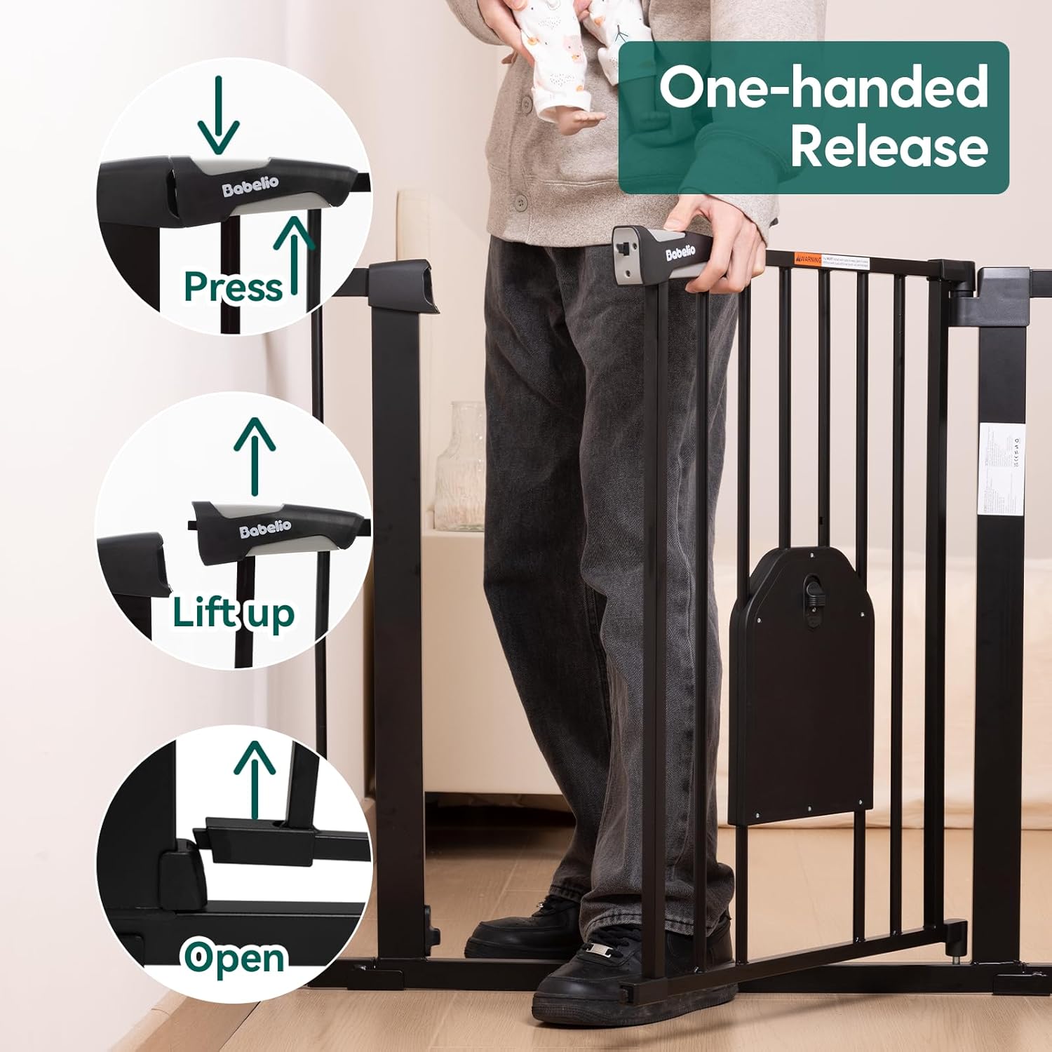 Alternative view of Babelio Auto Close Baby Gate with Cat Door,29-43" Metal Gate for Doorway,Stairs, House,Easy Walk Thru with Pet Door,Includes 4 Wall Cups and 3 Extension Pieces,Black