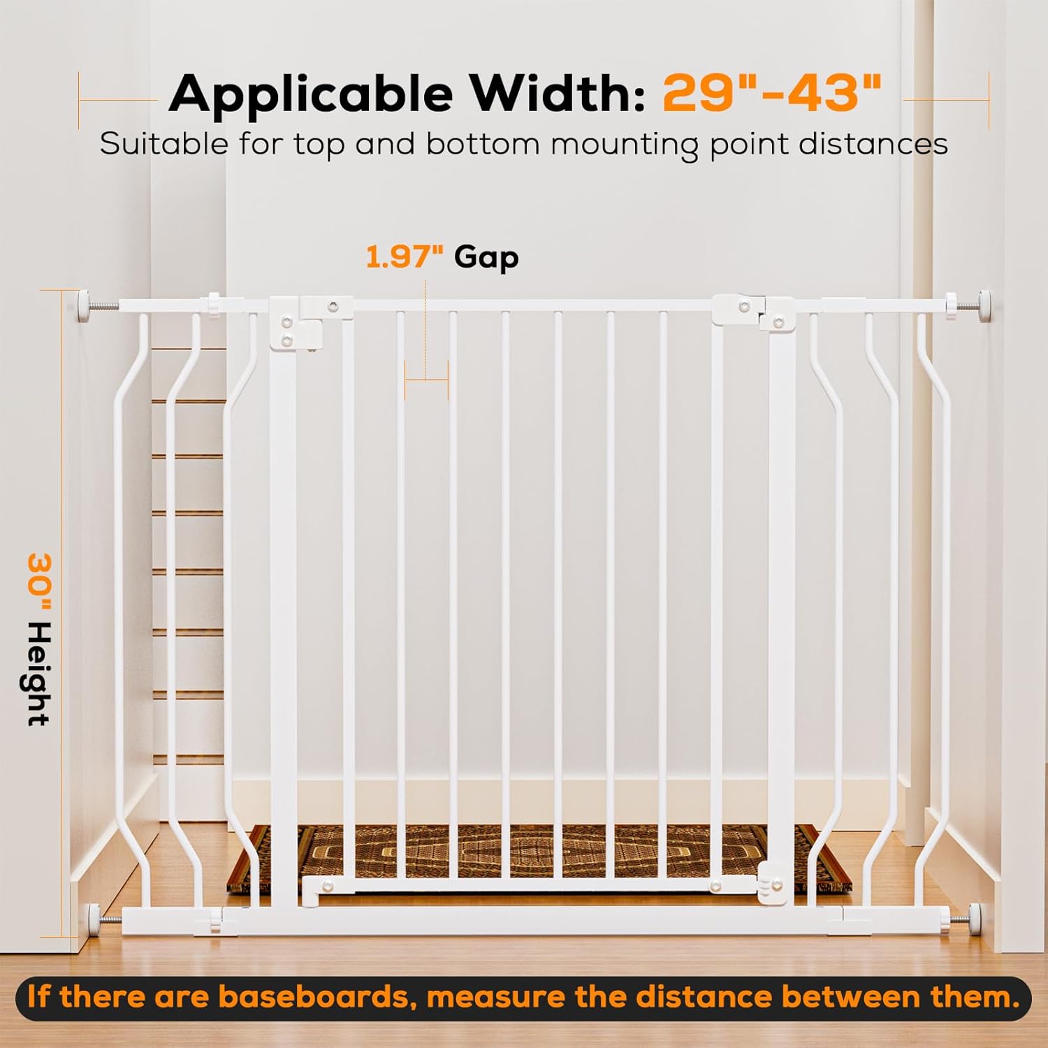 MUTAK 29-43" Baby Gate for Stairs, Baby Safety Essentials, Auto Close Gate for Doorways, Easy Install Pressure Mounted Dog Gate Indoor, Pet Gates for Dogs, White