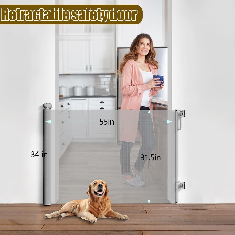 Retractable Baby Gates for Stairs Doorways Hallways, Soft Mesh Safety Retractable Dog Gate for Pet, Indoor Or Outdoor Use, Easy Installation,33.6" Tall,Expands to 55" Wide,White