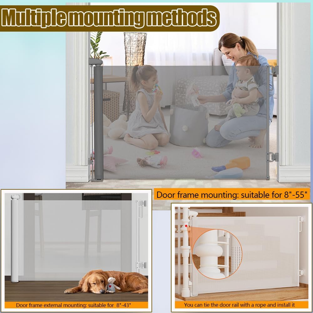Alternative view of Retractable Baby Gates for Stairs Doorways Hallways, Soft Mesh Safety Retractable Dog Gate for Pet, Indoor Or Outdoor Use, Easy Installation,33.6" Tall,Expands to 55" Wide,White