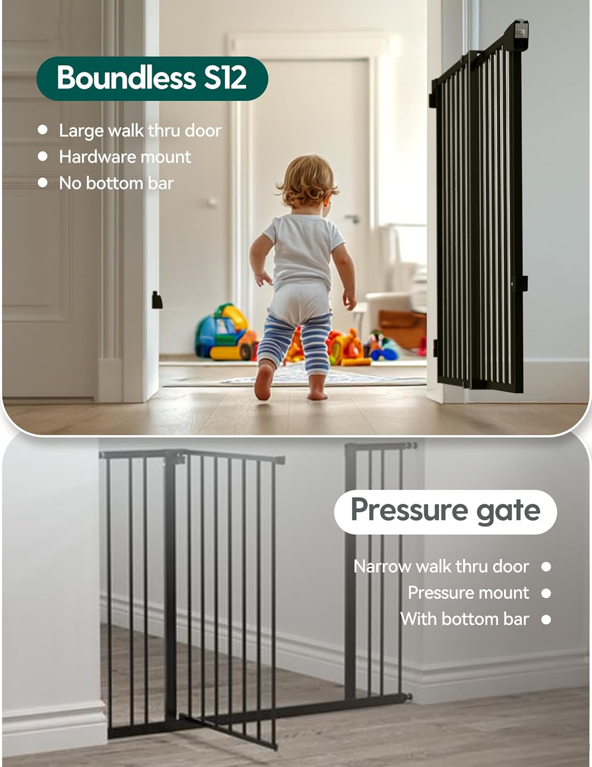 Alternative view of Babelio 29.7-46.5" No Bottom Bar Baby/Dog Gate for Stairs, House and Doorways, Auto Close Safety Pet Gates with Large Walk Thru Door, Hardware Mount, Black