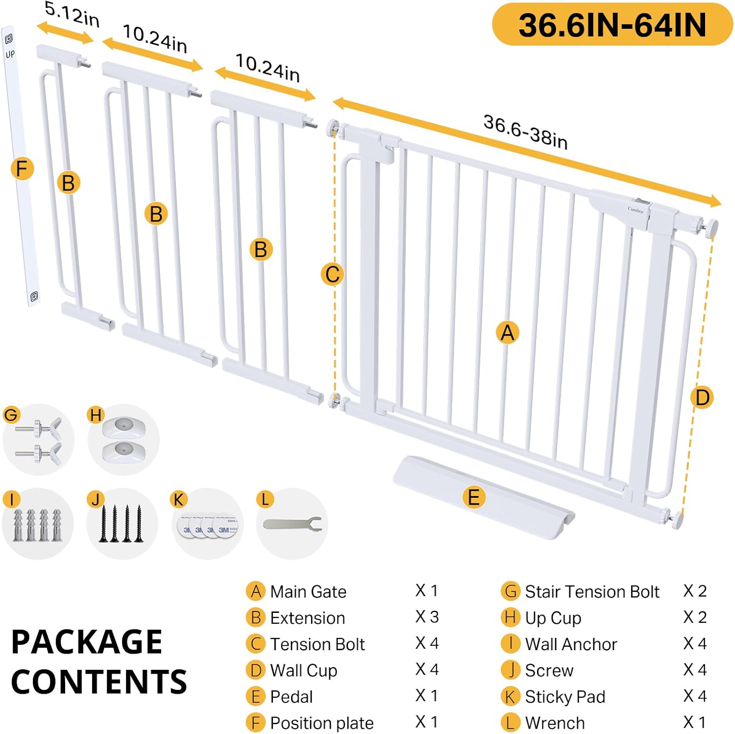 Cumbor 36.6-64" Extra Wide Baby Gate for Stairs, Dog Gates for Doorways, Auto-Close Pet Gate Indoor, Pressure Mounted Walk Through Safety Child Gate for Kids Toddler, Tall Pet Puppy Fence Gate, White