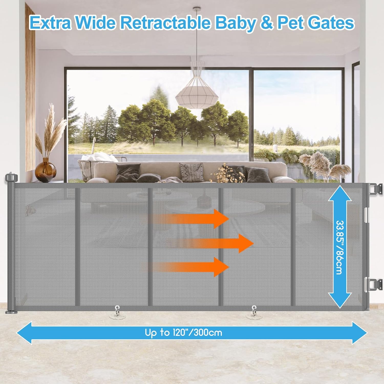 Upgrade 120 inch Retractable Baby Gates, EZIGO Extra Wide Baby Gate for Large Opening Extra Long Mesh Gate for Kids or Pet Dog Gate Child Safety Gate for Stairs Hallways Doorway Indoor Outdoor, Gray