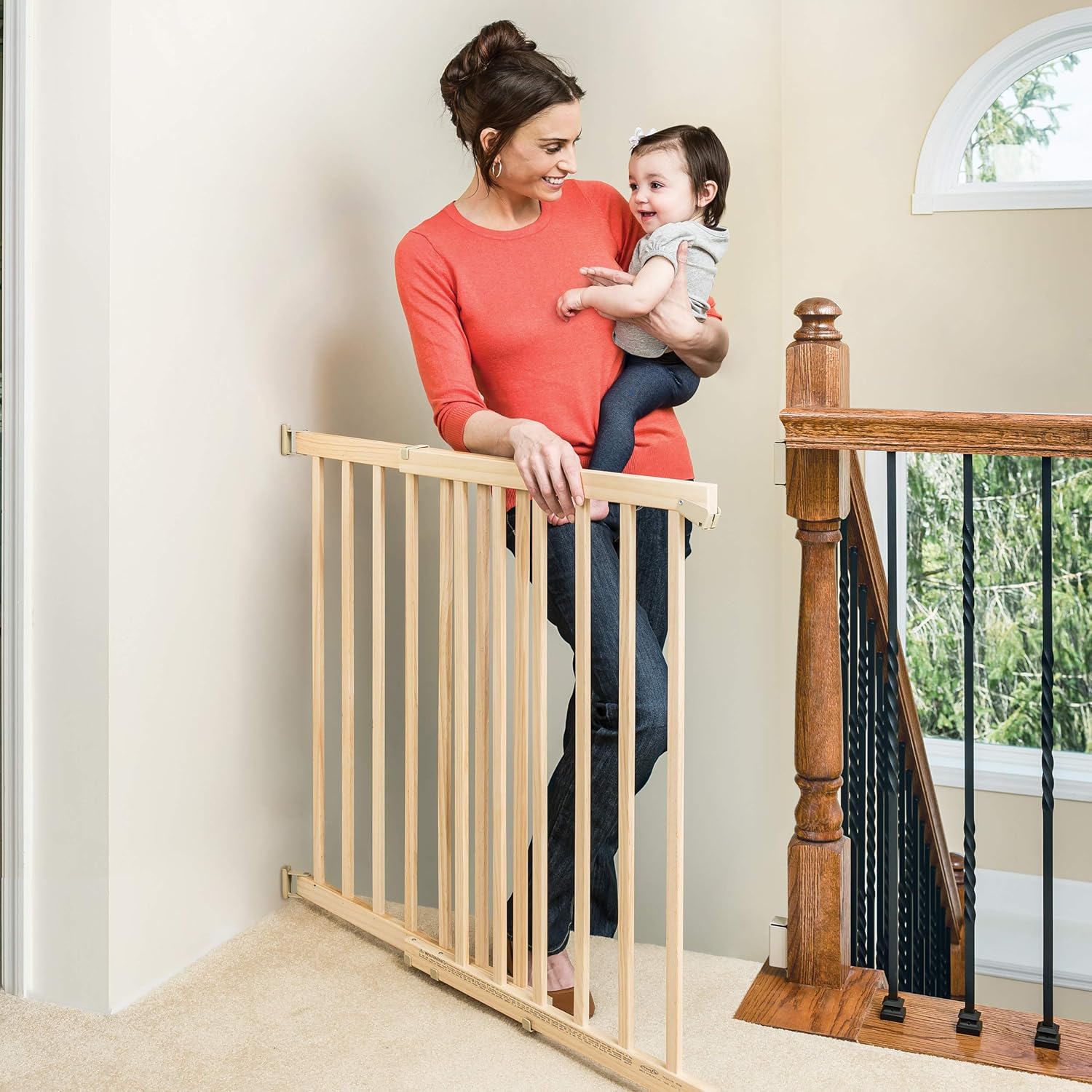 Evenflo Walk-Thru Top of Stairs Baby Gate, Natural Wood