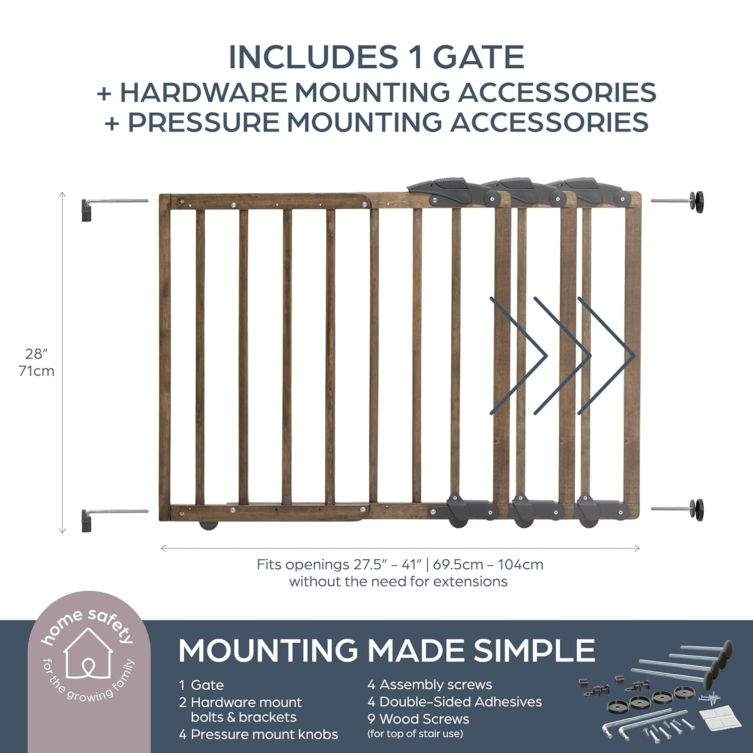 Dreambaby 27.5-41" Nottingham Rustic Wooden Baby Gate for Stairs and Doorways - Two Mount Options: Drill-in Walk Through or No Screw Barrier - Farmhouse Style for Kids and Pets