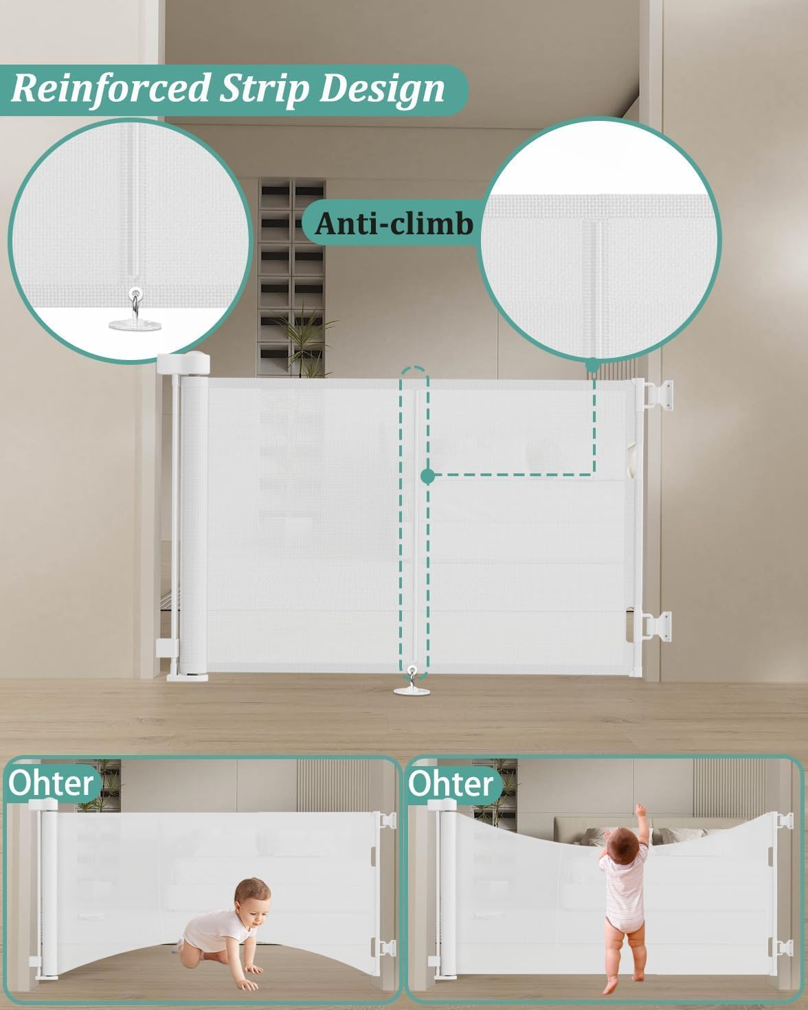 Miumoon 50 inch Retractable Baby Gates 42 inch Tall, Retractable Gate with Reinforced Strip Design to Prevent Crawling Through, Retractable Dog Gate for Stairs, Doorways, Hallways
