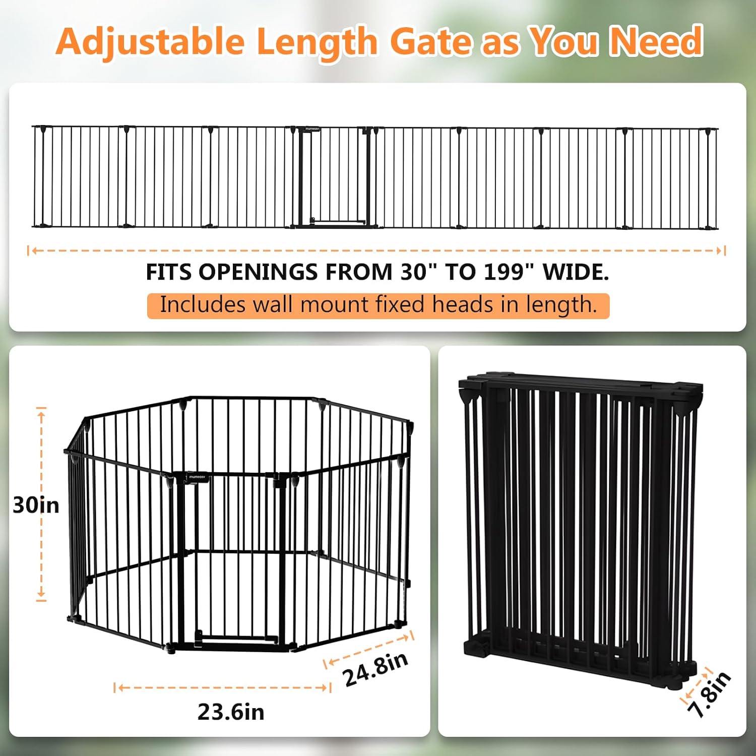 199" Extra Wide Baby Gate, Play Yard Child Safety Gate, Dog Gates with Auto-Close Door, Double Locking System for The House Doorways, Fireplace, Kitchen, 8-Panels, 30" Tall