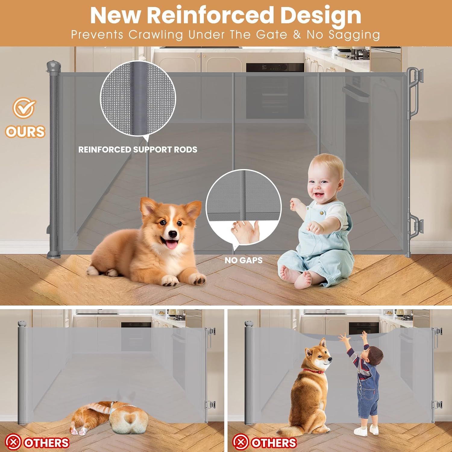 Alternative view of SPACEANY Reinforced Retractable Baby Gate, Mesh Dog Gate, Child Safety Gate for Doorways, Stairs, Hallways, Indoor/Outdoor, Wide Openings -33.5" Tall, Width up to 55" Gray