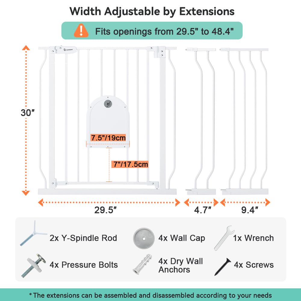 COMOMY 29.5-48.4" Baby Gate with Adjustable Cat Door,Extra Wide Metal Cat Gate for Stairs Doorways, Auto Close Dog Gate with Pet Door for House, Pressure Mounted Easy Walk Through (30" Tall, White)