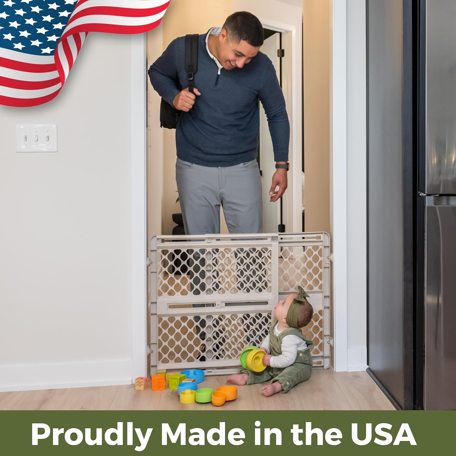 Toddleroo by North States - Renew 100% Recycled Plastic Baby Gate for Doorway; Sturdy for Indoor & Outdoor Use: Pressure Mounted, No Drill Gate; Made in USA; 26" to 42" Wide, 26" Tall; Sandstone
