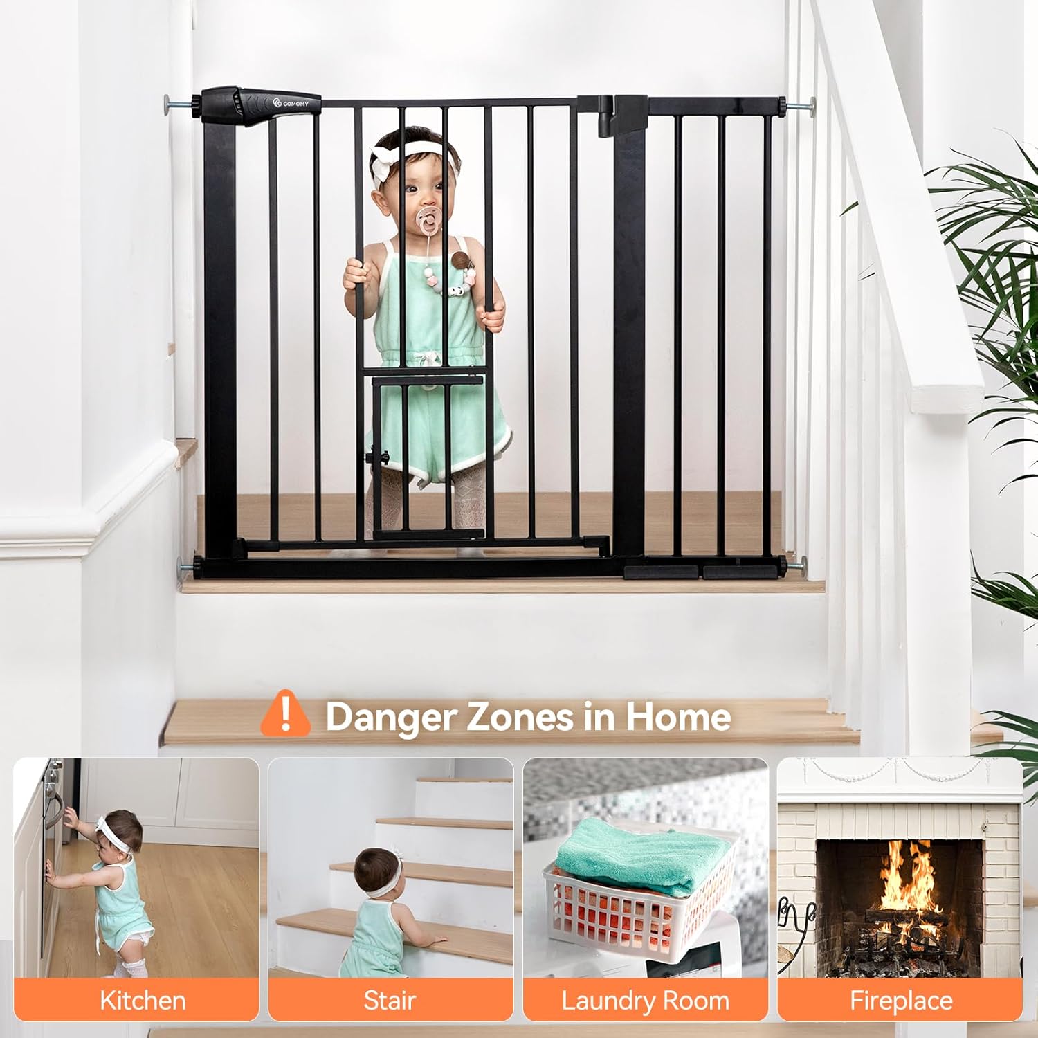 Alternative view of COMOMY Auto Close Baby Gate with Cat Door, 29.5"-40.5" Extra Wide Dog Gate for House Doorways Stairs, Pressure Mounted Easy Walk Thru Pet Gate, Includes 4 Wall Cups and 2 Extension Pieces, Black