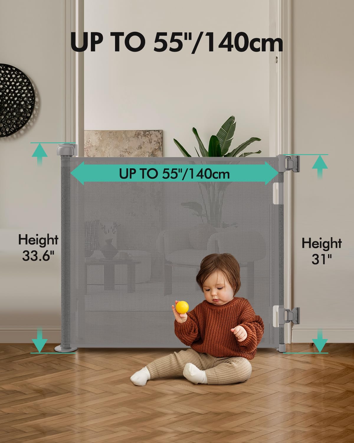 Retractable Baby Gates, Mesh Dog Gate for Doorways, 33.6" Tall, Expands to 55" Wide,Pet Safety Essential Fit for Baseboards, Wide Toddlers Gates for Hallways, Indoor & Outdoor,Grey