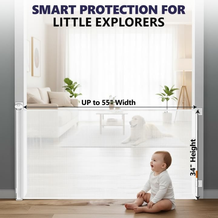 Retractable Baby Gate for Stairs - White Baby Gate 55 inches Wide 34 inch Tall, Mesh Retractable Dog Gate for doorways, Hallways, Deck, Outdoor, Indoor, Kitchen, & Porch - Drill Installation