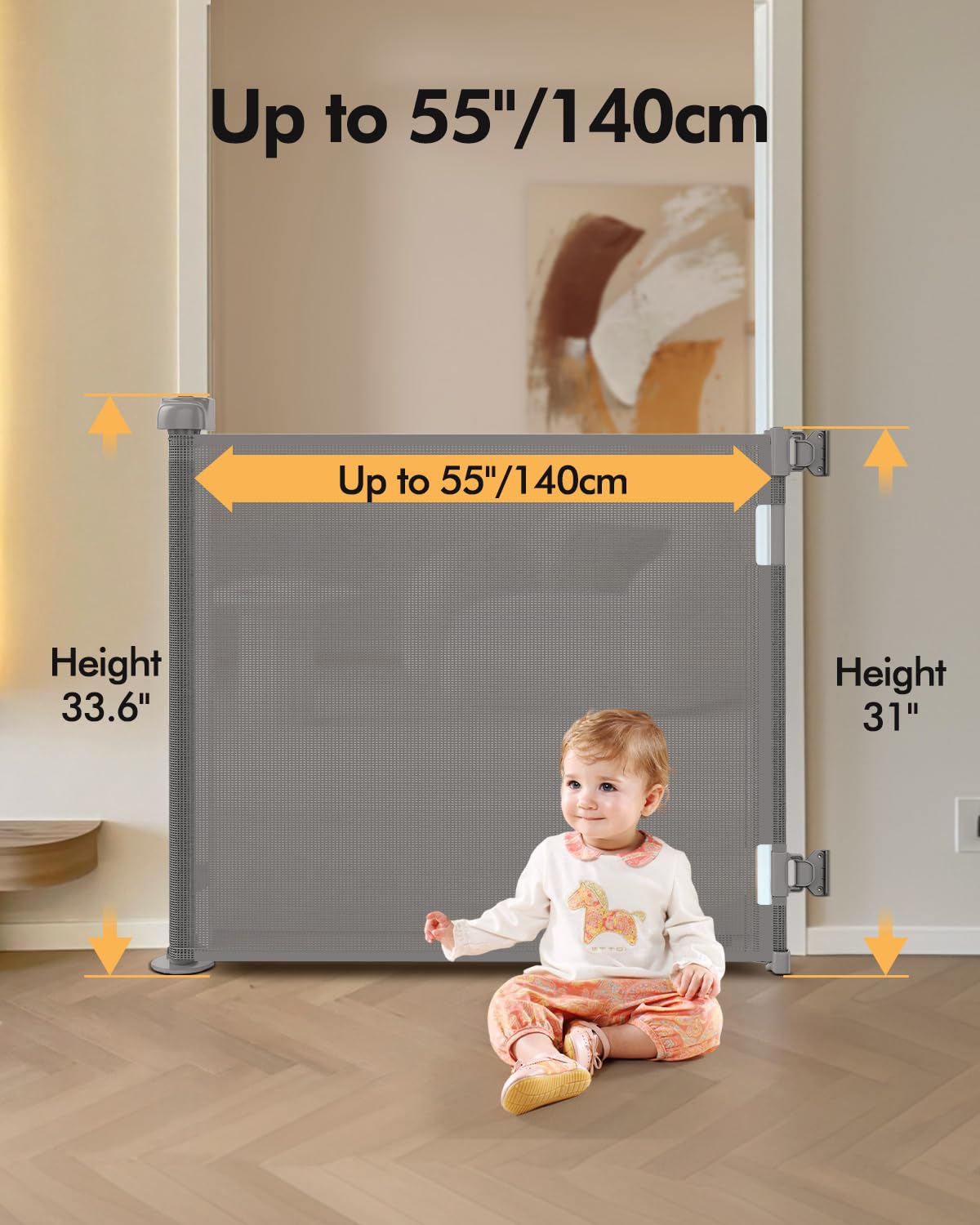 Retractable Baby Gate for Stairs & Doorways, 55" Wide x 33.6" Tall Easy Installation Mesh Dog Gate for Indoor & Outdoor Use,Pet and Dog Safety Gate for Hallways(Grey)