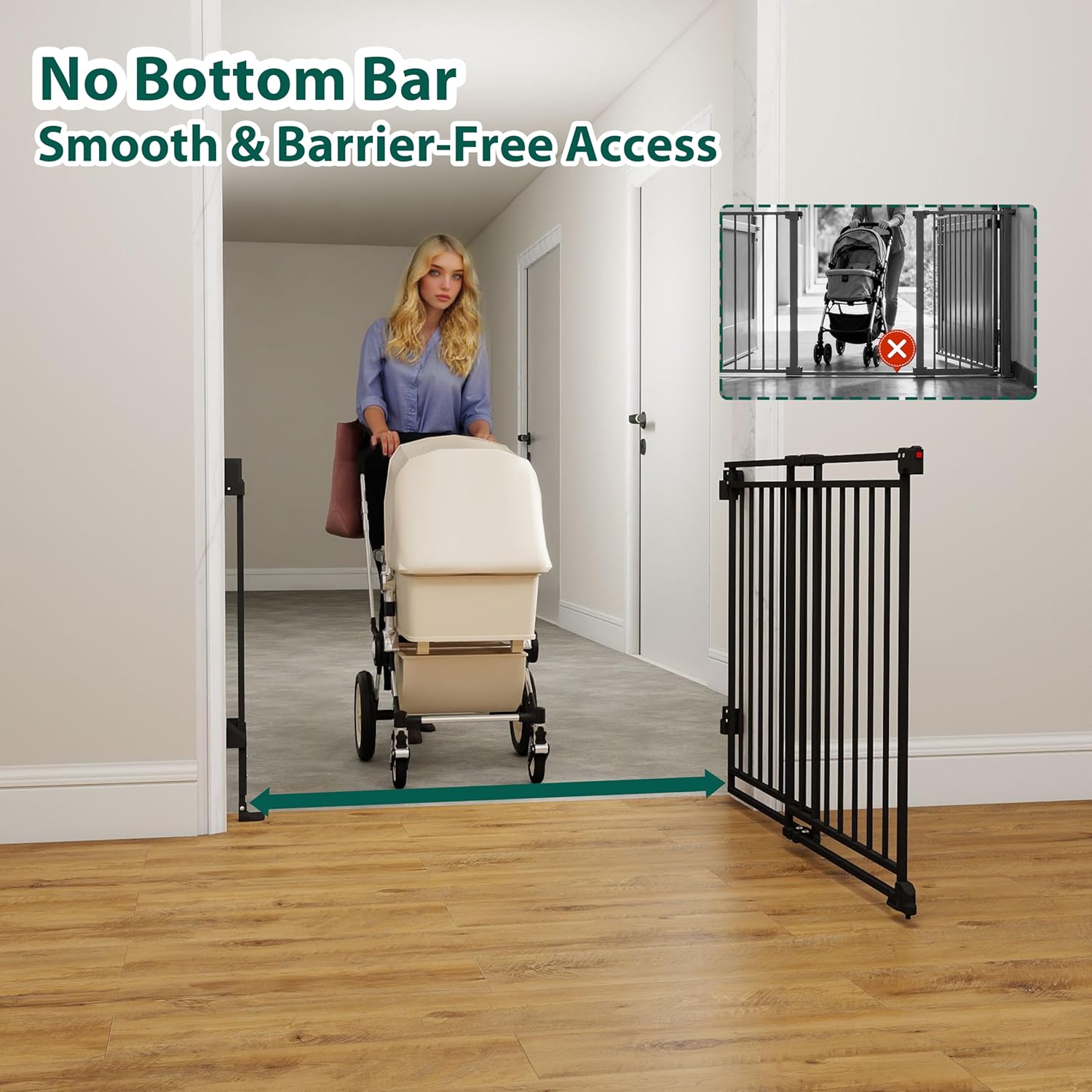 Miumoon 29-45" No Bottom Bar Baby Gate for Stairs and Doorways, 29" Tall Hardware Mount Safety Gate for Top and Bottom Stairs, Dog Gate Indoor with Extra Wide Walk Thru|One-Handed Operation|Auto-Close