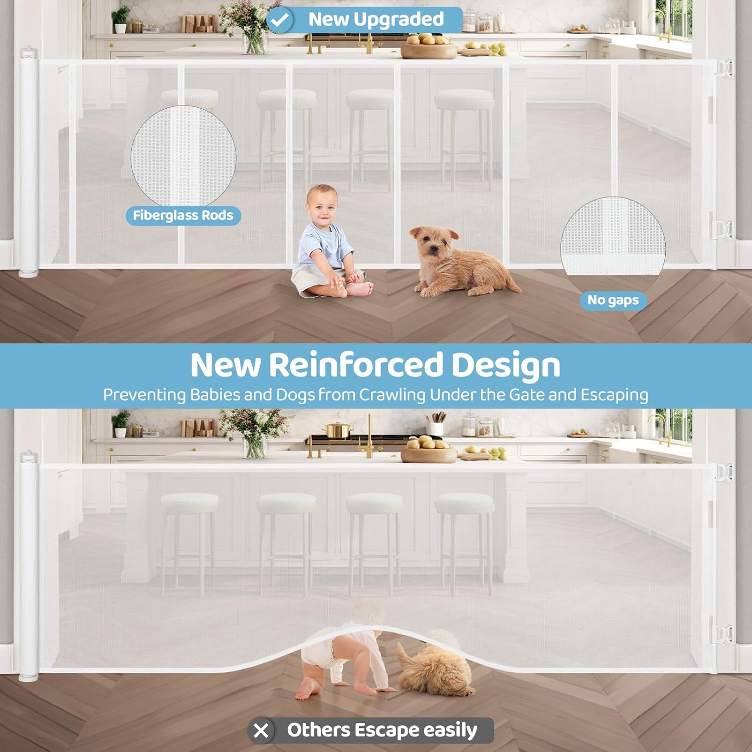 120 Inch Extra Wide Retractable Baby Gate for Large Opening, 33u201D Tall, Upgraded Dog Gate with Fiberglass Rods for Doorways, Indoor & Outdoor and Stairs, White