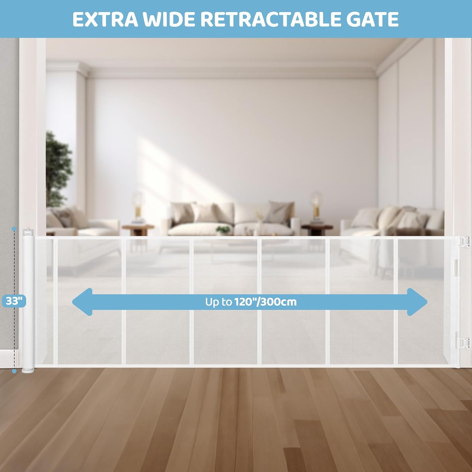 Alternative view of 120 Inch Extra Wide Retractable Baby Gate for Large Opening, 33u201D Tall, Upgraded Dog Gate with Fiberglass Rods for Doorways, Indoor & Outdoor and Stairs, White