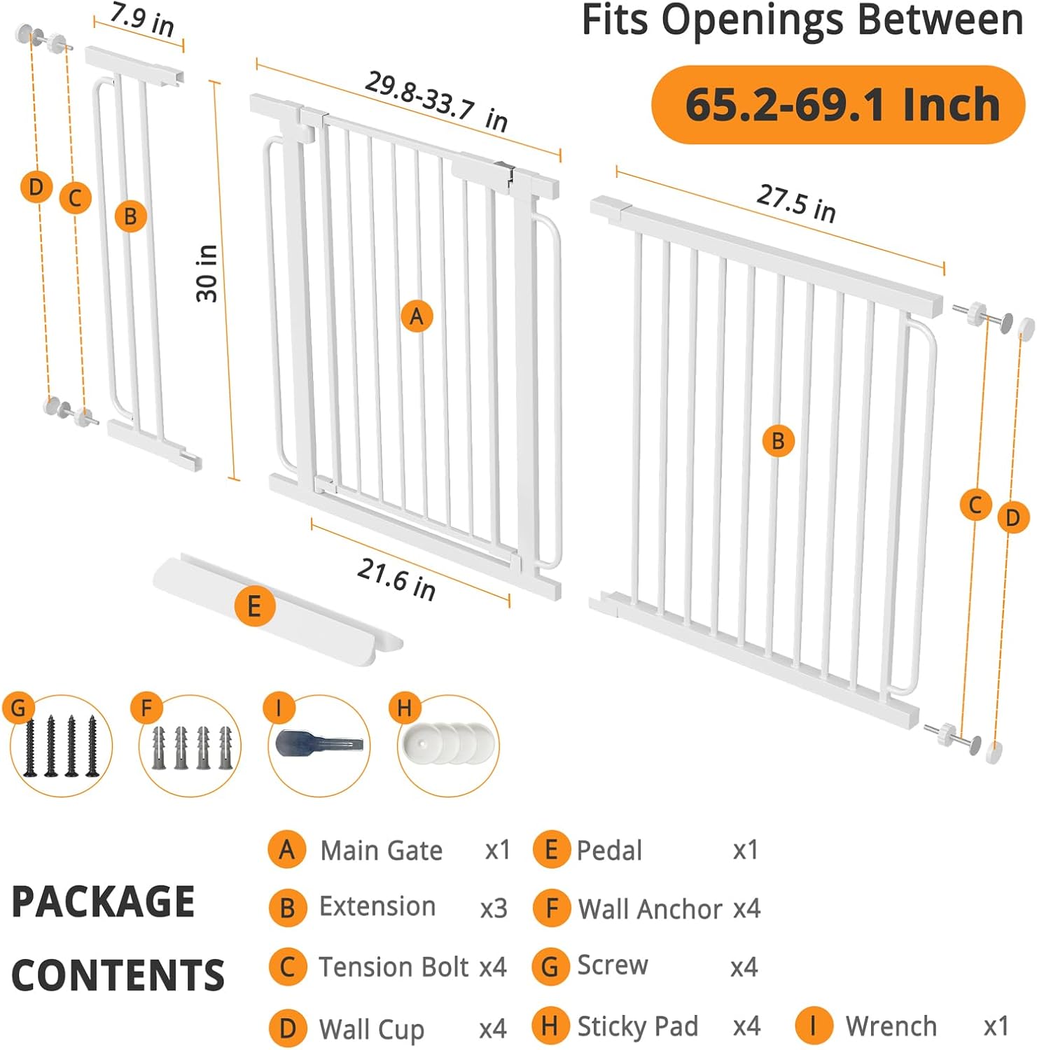 Extra Wide Baby Gate with Door 66-70 Inch Pressure Mounted, Auto Close Child Baby Gates for Doorways No Drill, Walk Through Dog Gate Indoor for The House, White