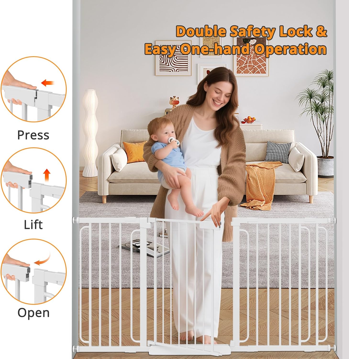 Alternative view of Extra Wide Baby Gate with Door 66-70 Inch Pressure Mounted, Auto Close Child Baby Gates for Doorways No Drill, Walk Through Dog Gate Indoor for The House, White