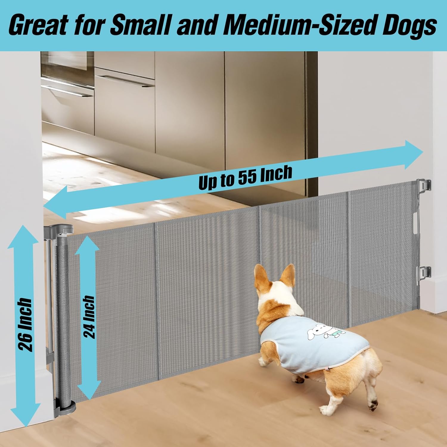 24 Inches Tall Retractable Baby gate for Dogs, Short Pet Gates to Step Over, Extends up to 55" Wide, Reinforced Mesh Doggie Gates for Indoors Outdoors Small Dog Gate for Stairs Puppy Gate (Grey)