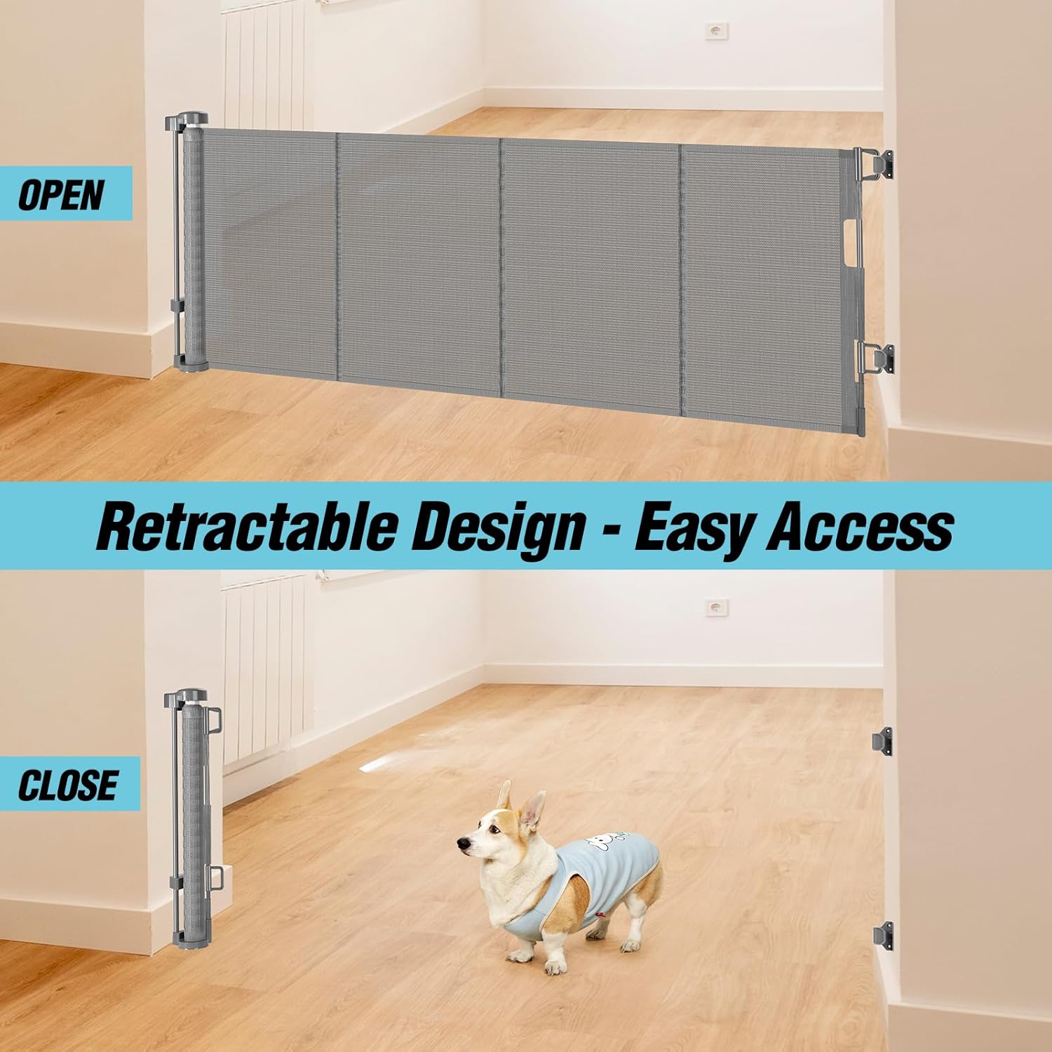 Alternative view of 24 Inches Tall Retractable Baby gate for Dogs, Short Pet Gates to Step Over, Extends up to 55" Wide, Reinforced Mesh Doggie Gates for Indoors Outdoors Small Dog Gate for Stairs Puppy Gate (Grey)