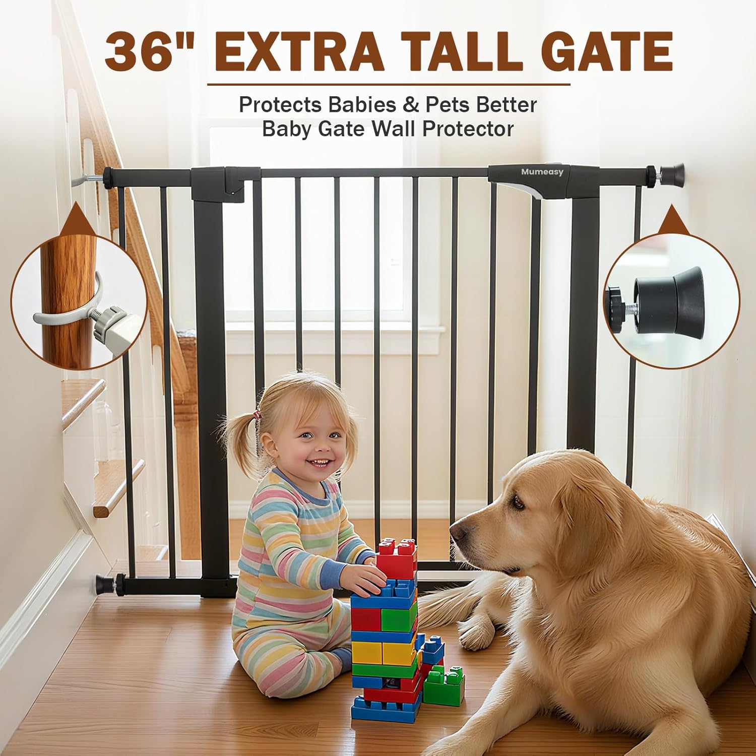 Alternative view of Mumeasy 36" High Extra Tall Dog Gate, 29.6"-40.5" Wide Pressure Mounted Tall Baby Gate for Dog, Auto Close Pet Gate with Door for Stairs,Doorways,House,Black