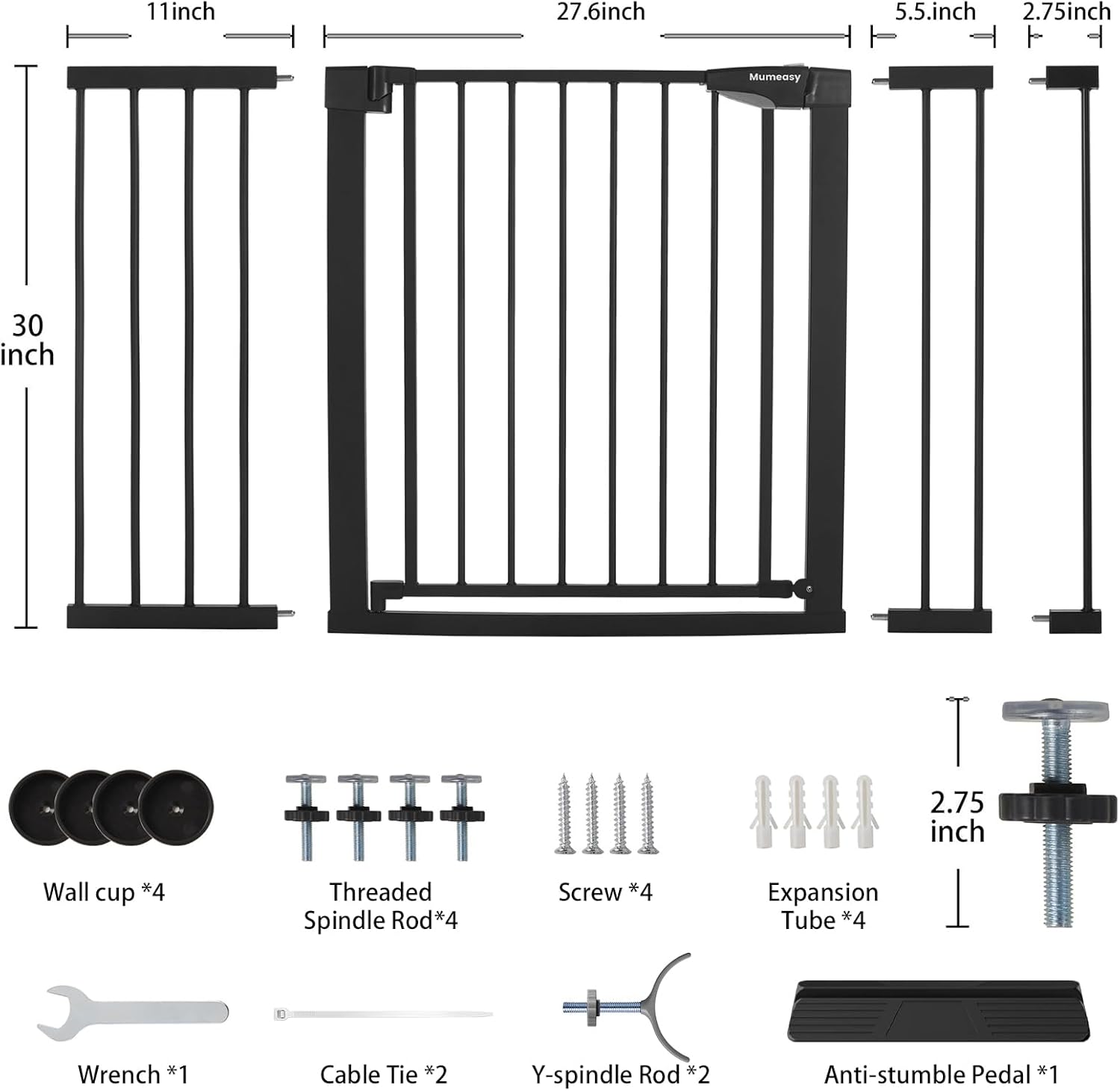 Mumeasy Baby Gate Extra Wide, 29.5-51'' Pressure Mounted Dog Gate with Walk Thru Door, Auto Close Pet Gate for House, Stairs, Doorways,Black