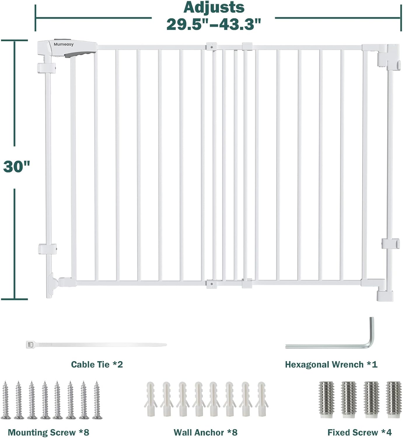Mumeasy 29.5-43.3" Baby Gate for Stairs, No Bottom Bar Dog Gate with Removable Door & Slide-Adjust Drill Mount, Extra Wide Stairway & Hallway Walk Thru Pet Safety Gate for Doorways, Kitchen (White)