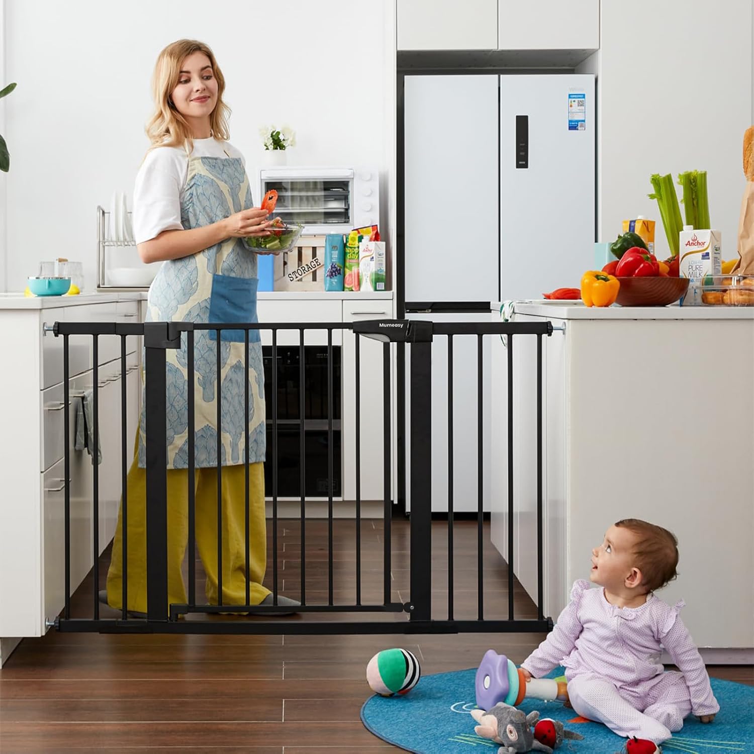 Alternative view of Mumeasy Baby Gate Extra Wide, 29.5-51'' Pressure Mounted Dog Gate with Walk Thru Door, Auto Close Pet Gate for House, Stairs, Doorways,Black