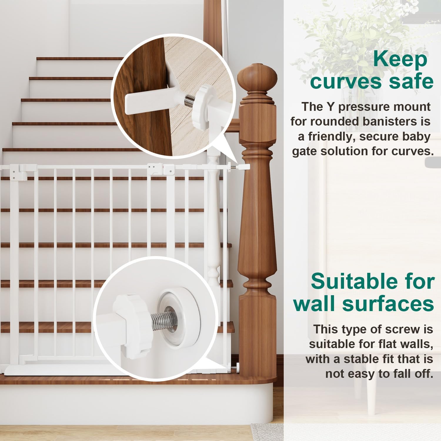 Miumoon 29.7-46" Baby Gate for Stairs with Banister Adapter Y-Spindle Rods, 30.5" Tall, Easy-Install Pressure Mounted Baby Gate for Doorways, Auto-Close Dog Gate Indoor for Child and Pets