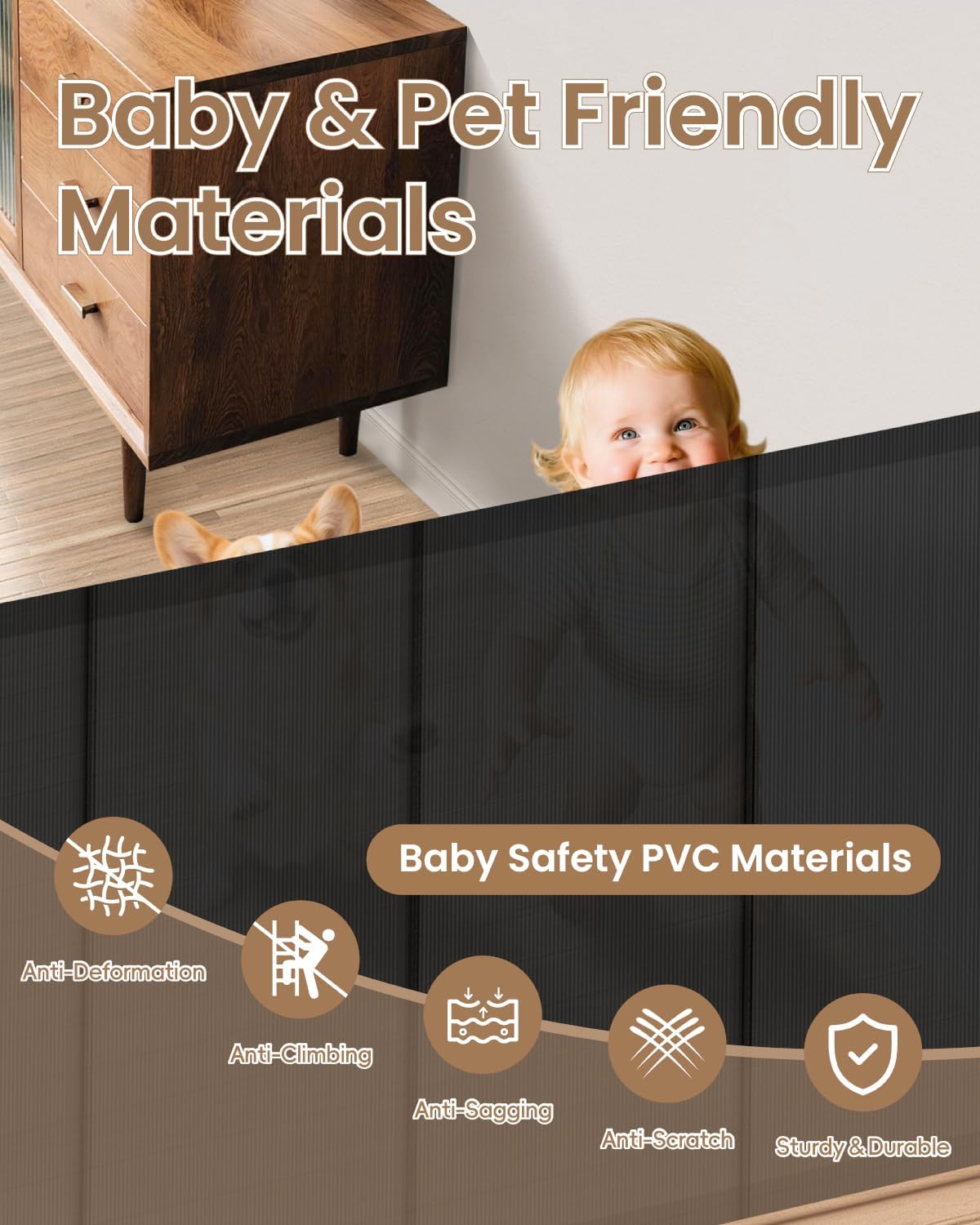 BBsecure Retractable Baby Gate, 55" Wide Mesh Baby Gate with 4 Reinforced Rods, 34" Tall Anti-Sagging Dog Gate, Prevents Kids & Dogs from Crawling Under, for Stairways, Hallways & Patios, Black