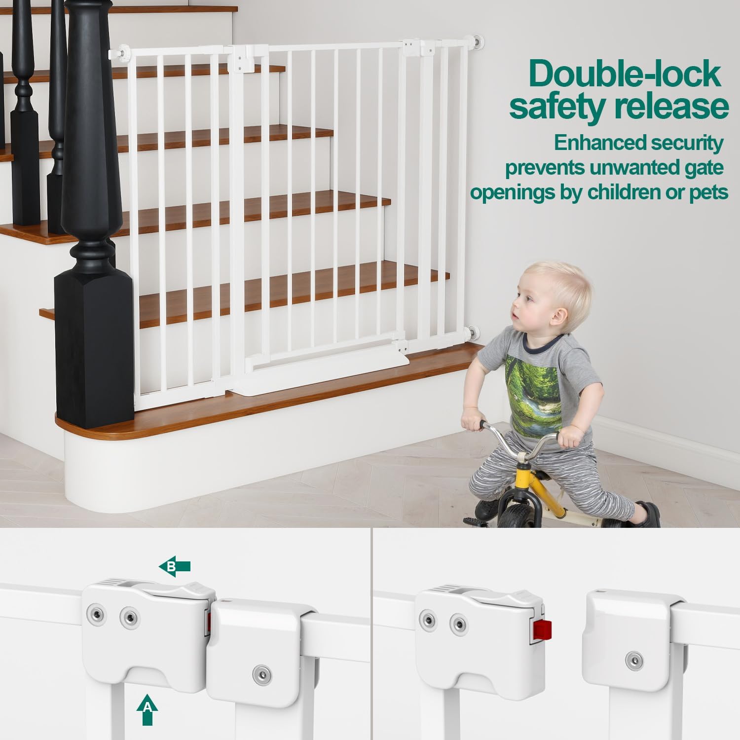 Alternative view of Miumoon 29.7-46" Baby Gate for Stairs with Banister Adapter Y-Spindle Rods, 30.5" Tall, Easy-Install Pressure Mounted Baby Gate for Doorways, Auto-Close Dog Gate Indoor for Child and Pets