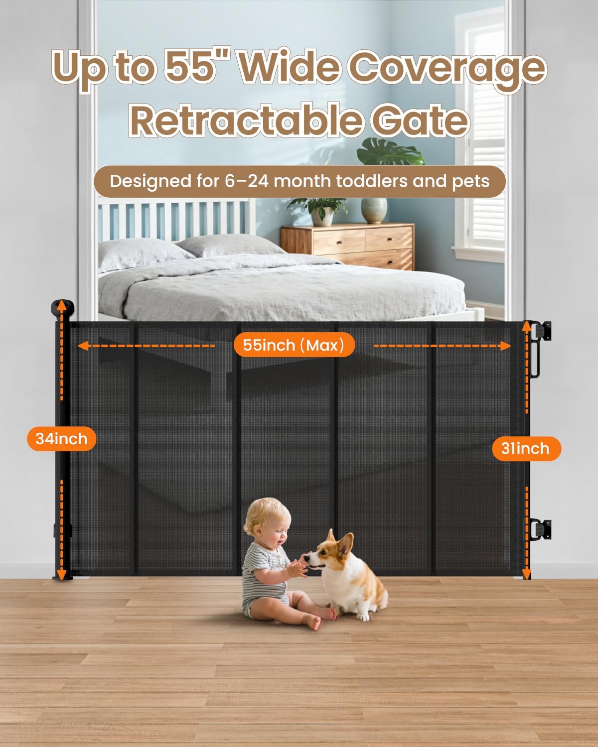Alternative view of BBsecure Retractable Baby Gate, 55" Wide Mesh Baby Gate with 4 Reinforced Rods, 34" Tall Anti-Sagging Dog Gate, Prevents Kids & Dogs from Crawling Under, for Stairways, Hallways & Patios, Black