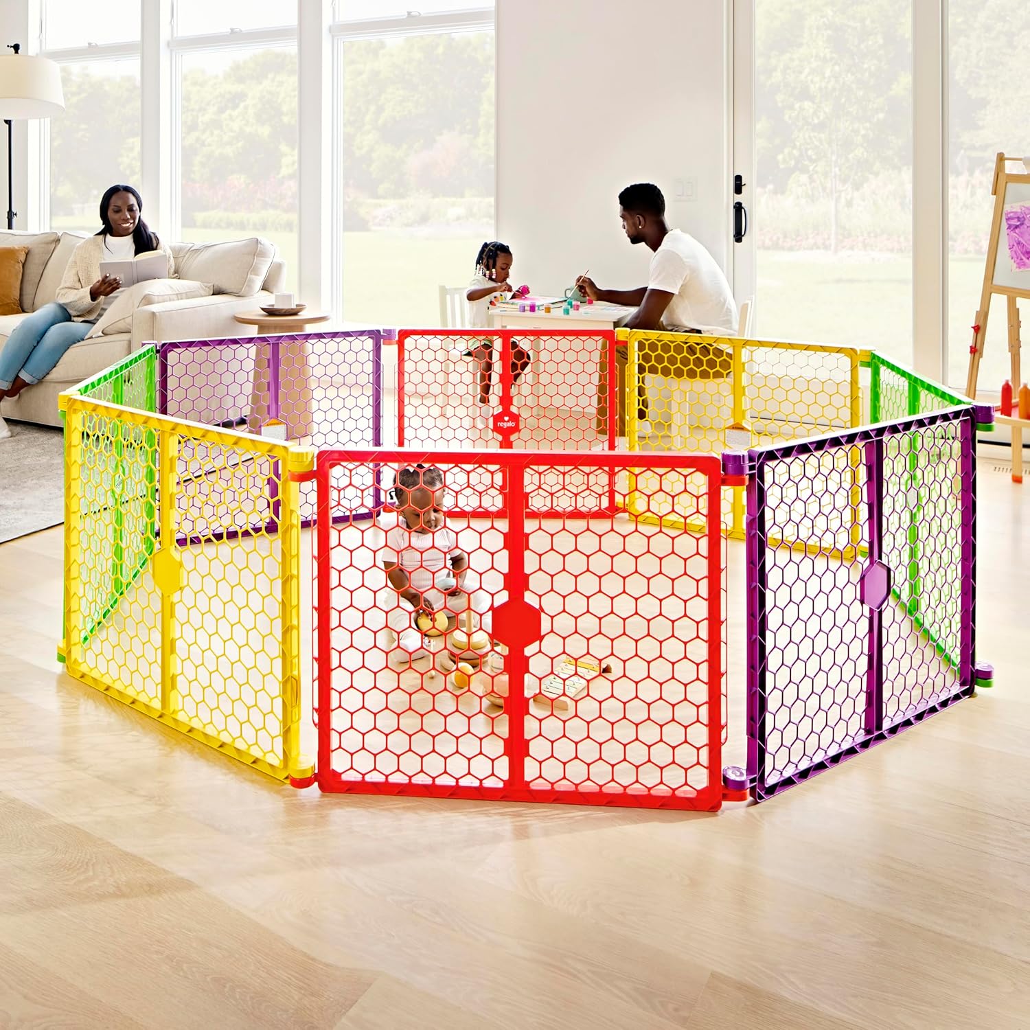 Regalo Safety 260-Inch Super Wide Baby Gate and Play Yard, 2-in-1 Convertible Plastic Baby Gate, Extra Wide Safety Barrier, Hardware Mounted, Adjustable Panels for Openings, Ages 6u201324 Months