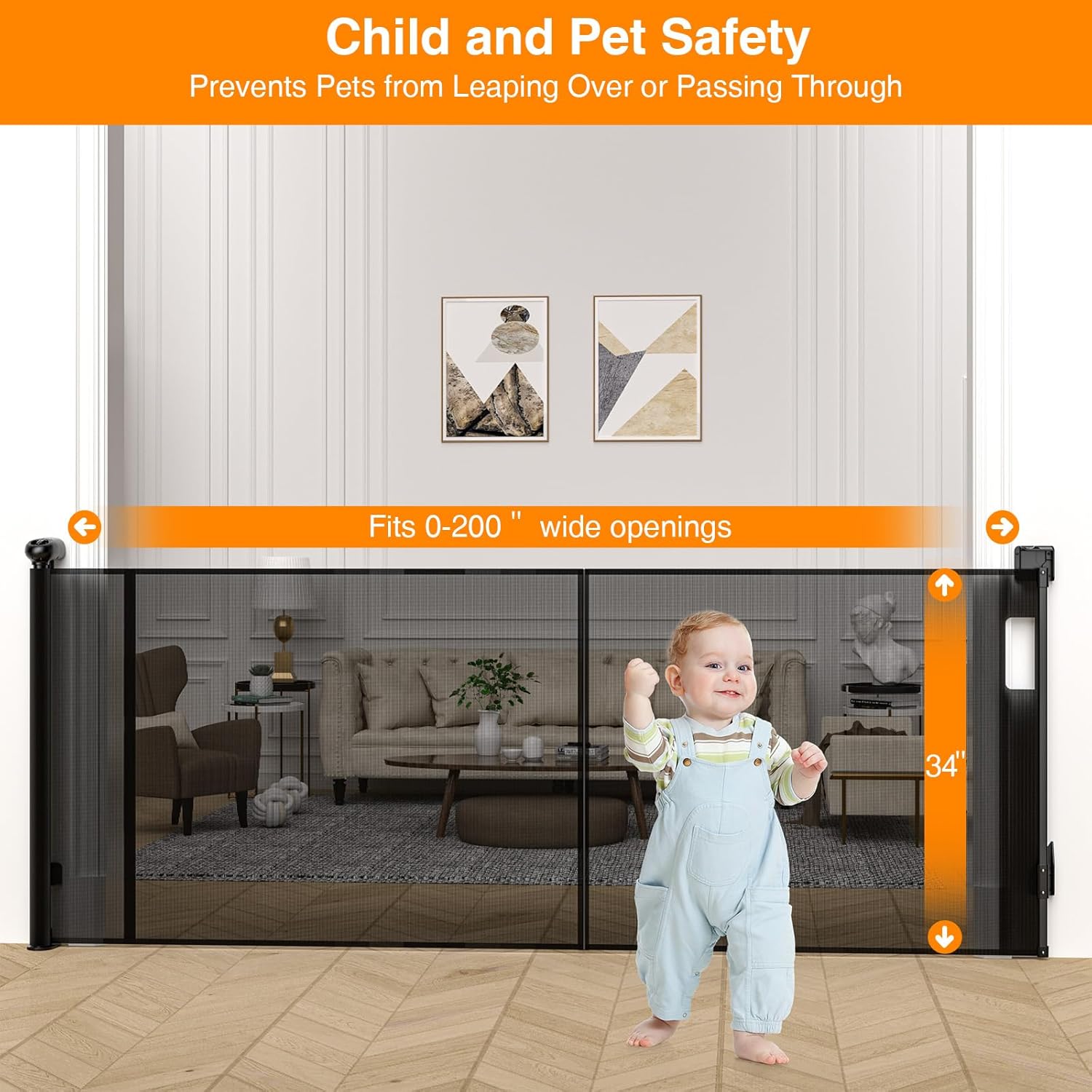 Upgraded 200 inch Retractable Baby Gates Extra Wide with Support Rod, 34" Tall Mesh Dog Gate, Child Safety Gate for Stairs, Doorways, Hallways, Indoor/Outdoor (Black, 200in)