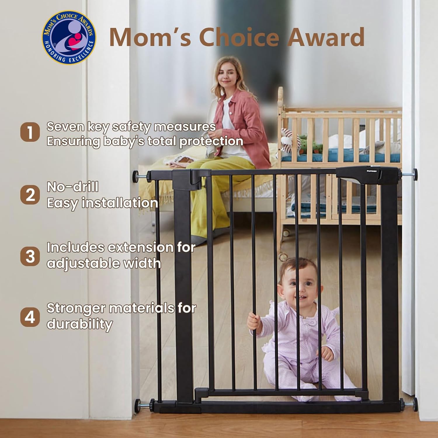 Alternative view of Mumeasy 29.6-46" Baby Gate for Stairs, Pressure Mounted Dog Gate for Doorways, Auto Close Pet Gate for Indoor Use, Extra Wide Child Gate with Walk Thru Door Black, Mom's Choice Awards Winner