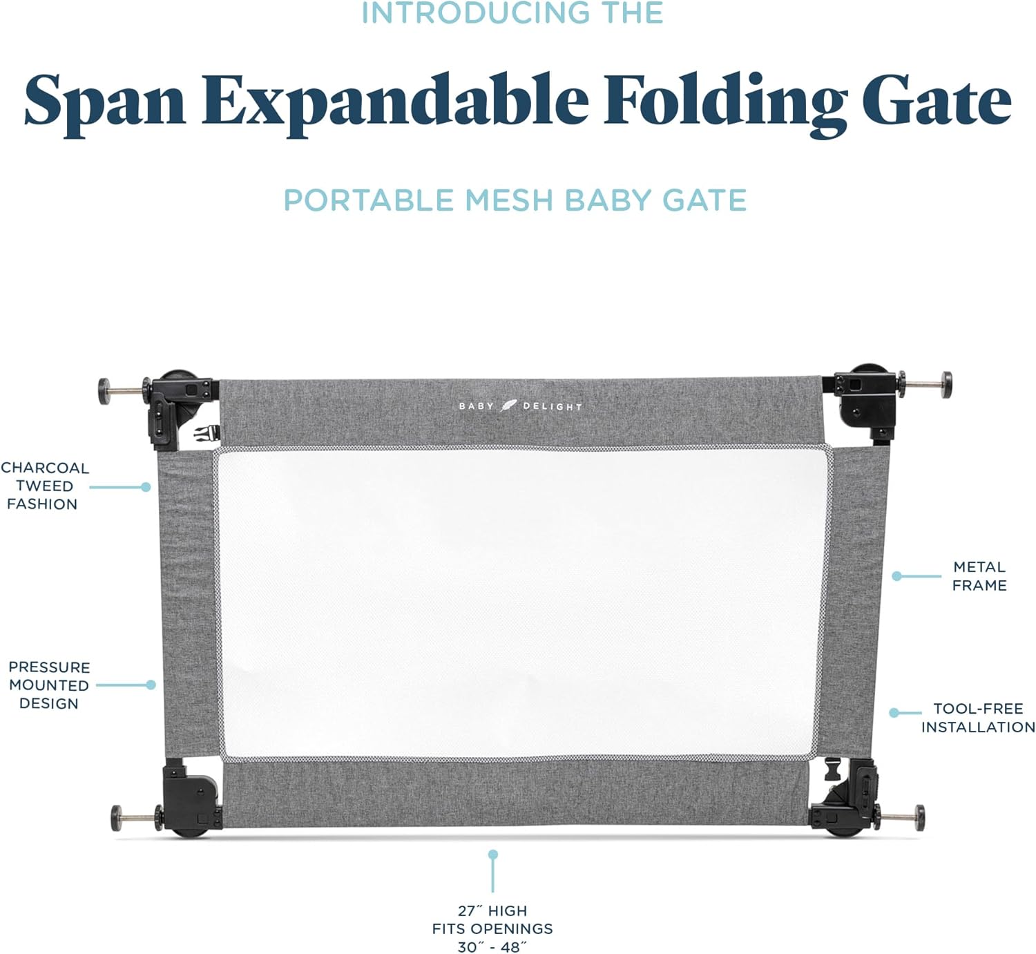 Alternative view of Baby Delight Go with Me Portable Mesh Baby Gate | Span 30-48" Expandable Folding Gate | Pressure Mounted | Charcoal Tweed