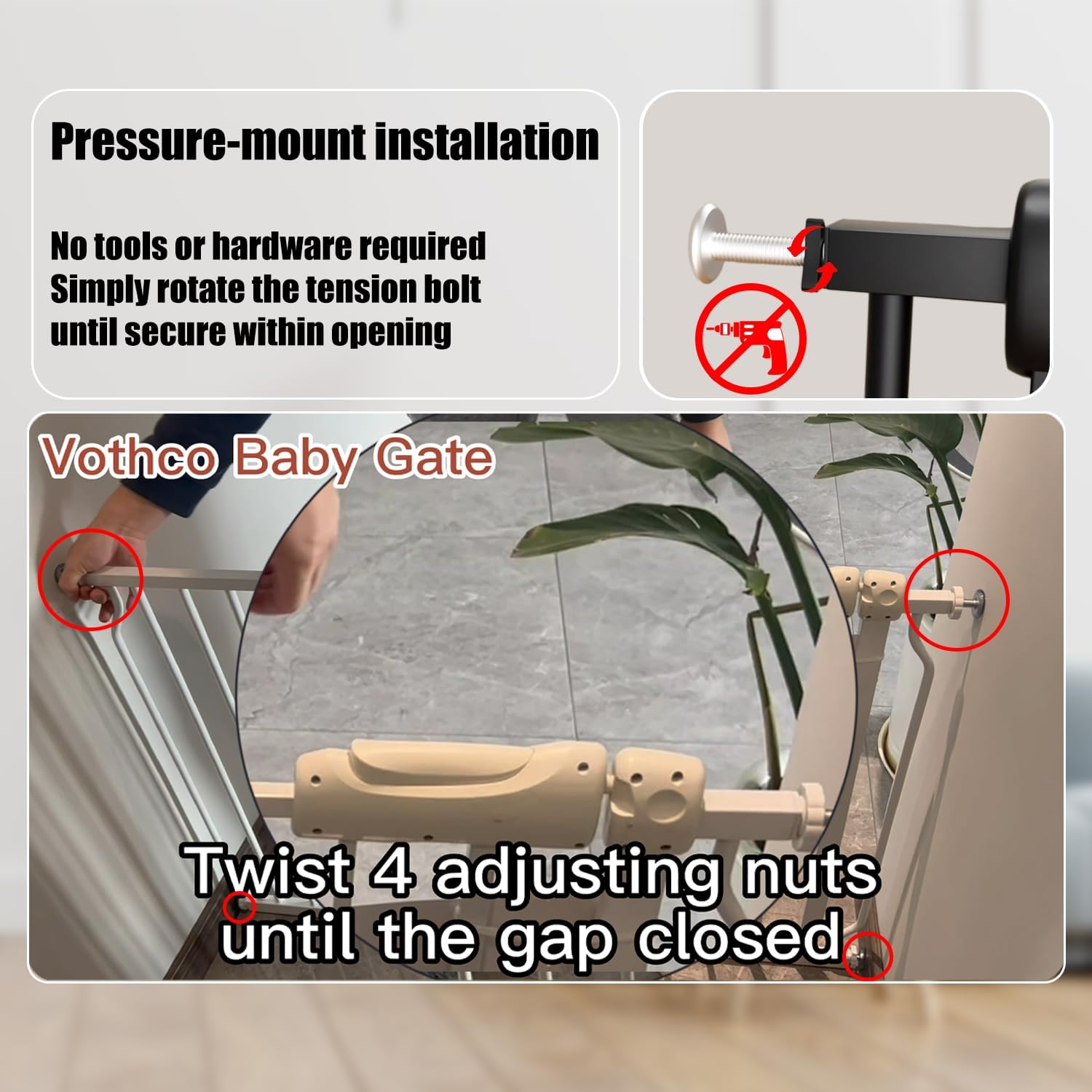 Vothco Extra Wide 76.4-81 Inch Large Baby Gates for Stairs, Doorways - No Drilling, Pressure Mounted Pet Gates for Kids & Dogs - Image 7