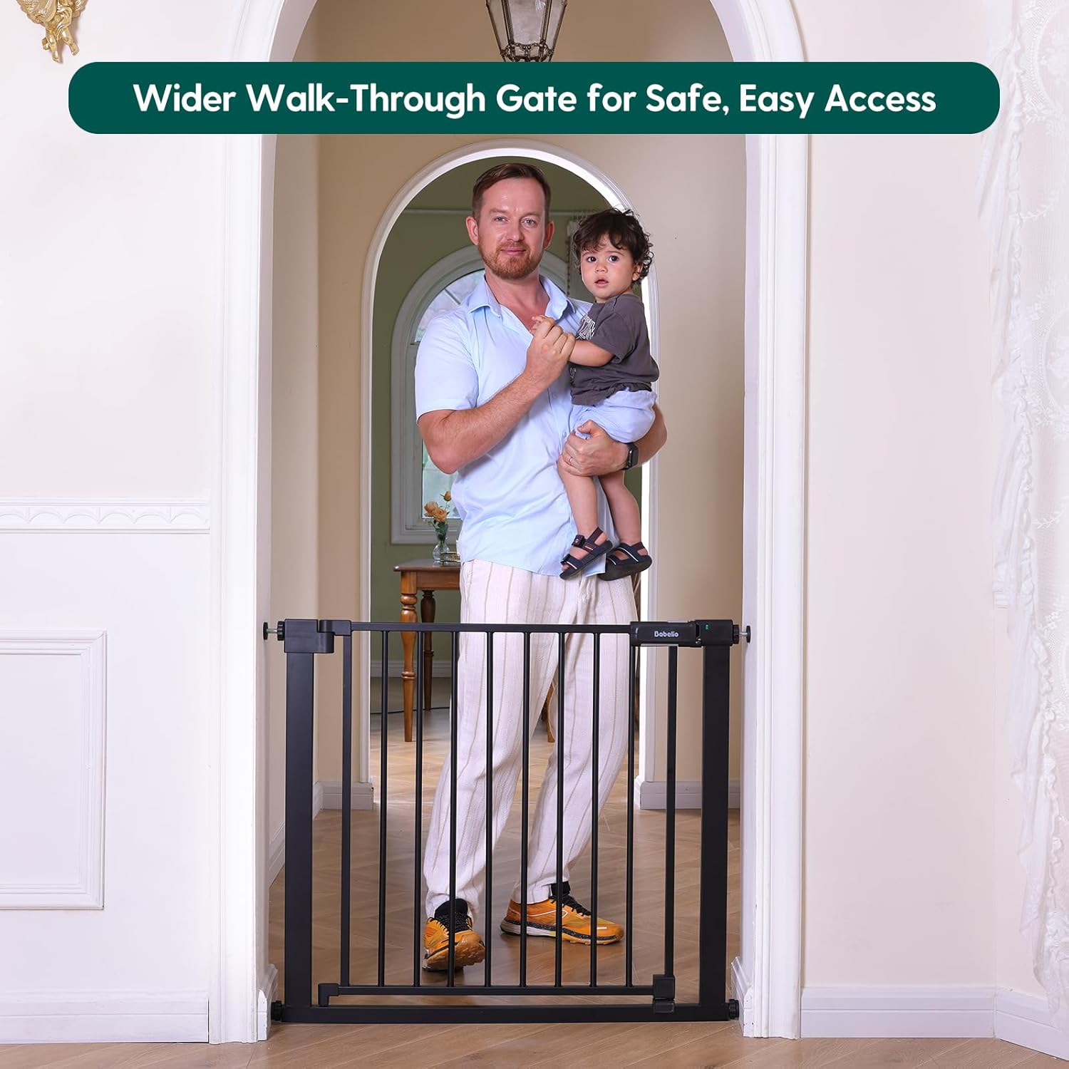 Alternative view of BABELIO Baby Gate for Doorways and Stairs, 36-41" Pet Gate with Wide Walk Thru Door and Lock Indicator, No Drill Pressure Mounted Safety Gate with Double Lock and Self-Closing, Black
