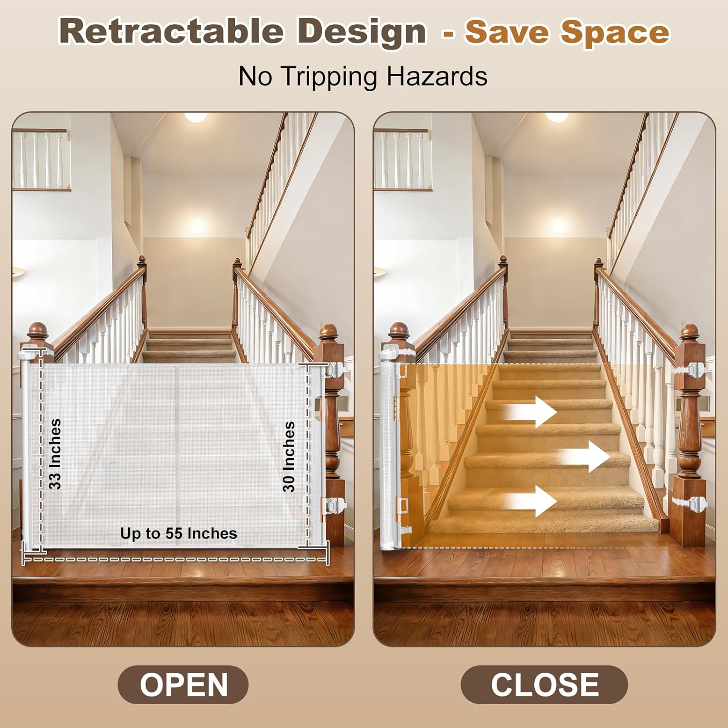 Upgraded Retractable Baby Gates for Stairs & Banister, Mesh Dog Gate Indoor, Extends to 55" Wide 33" Tall, Child Safety Gate for Stairway, Banister & Wall Mount (White) - Image 3