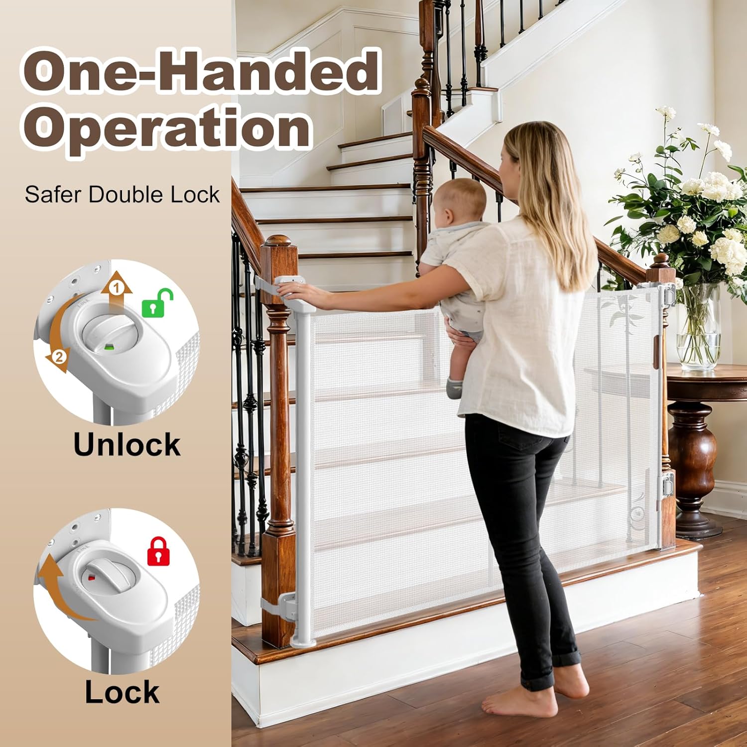 Upgraded Retractable Baby Gates for Stairs & Banister, Mesh Dog Gate Indoor, Extends to 55" Wide 33" Tall, Child Safety Gate for Stairway, Banister & Wall Mount (White) - Image 5